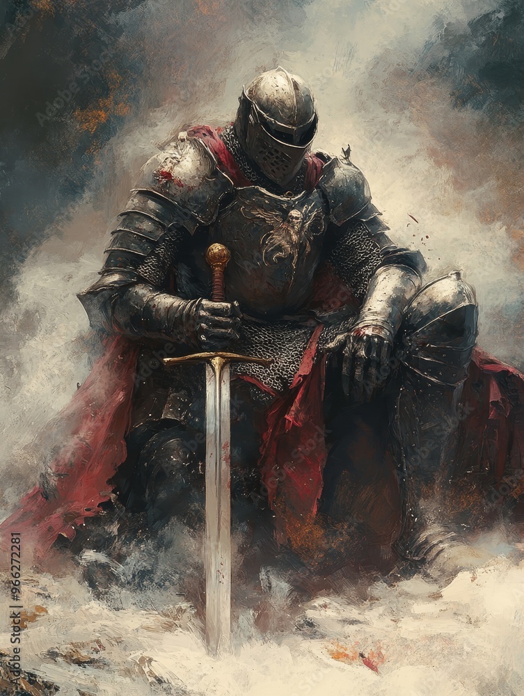 Fototapeta premium A lone knight, clad in weathered armor, sits with a sword resting in front of him. He embodies strength, perseverance, and a touch of melancholy