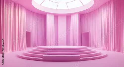 Modern pink minimalist interior design with circular platform and draped curt...