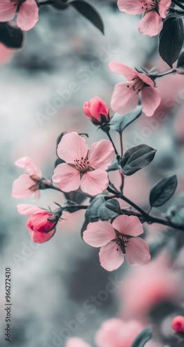 Delicate pink cherry blossoms blooming on branches in a serene garden during ...
