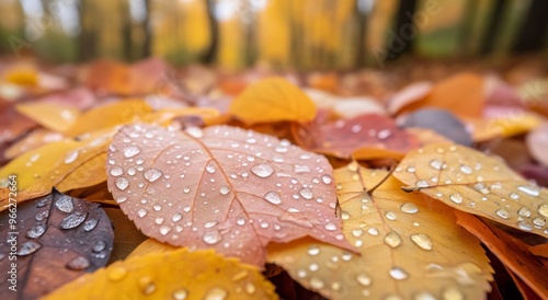 Vibrant autumn leaves glistening with morning dew in a serene forest landscape