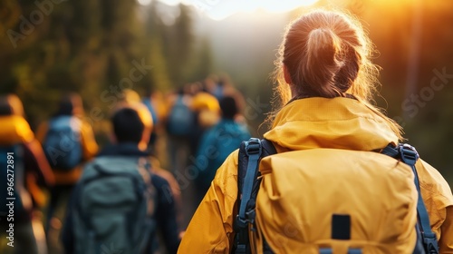 A group of individuals is hiking along a trail, with a person in a yellow jacket taking the lead. The sun is shining, indicating a pleasant and inspirational outdoor adventure.