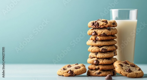 Stacked chocolate chip cookies beside a glass of milk on a light tabletop in ...