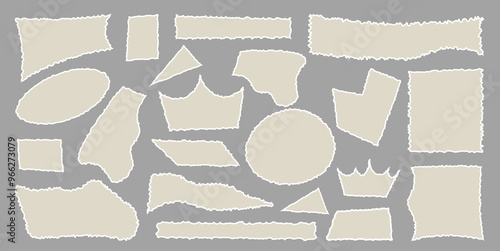 Set of torn empty pieces paper sheets with jagged edges. Scraps of paper. Shredded material of different shapes