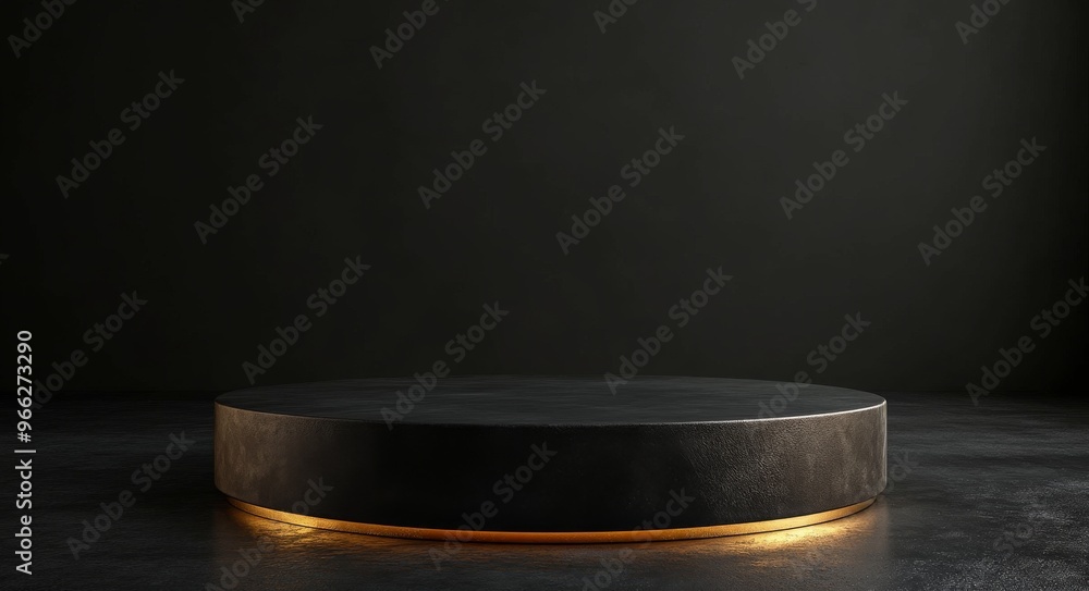 Minimalist circular pedestal with illuminated edge in a darkened studio environment Minimalist circular pedestal with illuminated edge in a darkened studio environment