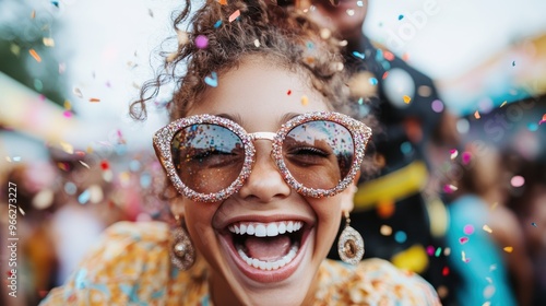 A joyful woman with curly hair and large sunglasses laughs exuberantly amidst a colorful festive event, capturing the essence of happiness and celebration. photo