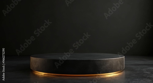 Minimalist circular pedestal with illuminated edge in a darkened studio envir...