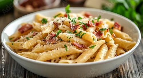 Creamy penne pasta with crispy bacon served in a bowl, perfect for a hearty m...