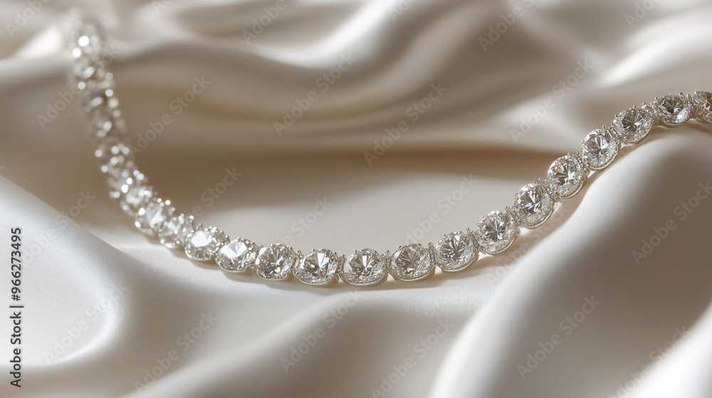 Obraz premium A close-up of a sparkling diamond necklace elegantly displayed on luxurious white satin fabric, highlighting its brilliance and sophistication.
