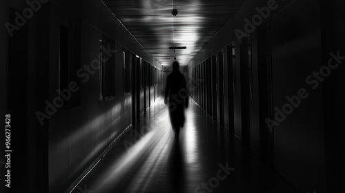 A dark, eerie hallway with a shadowy figure, evoking mystery and suspense. photo