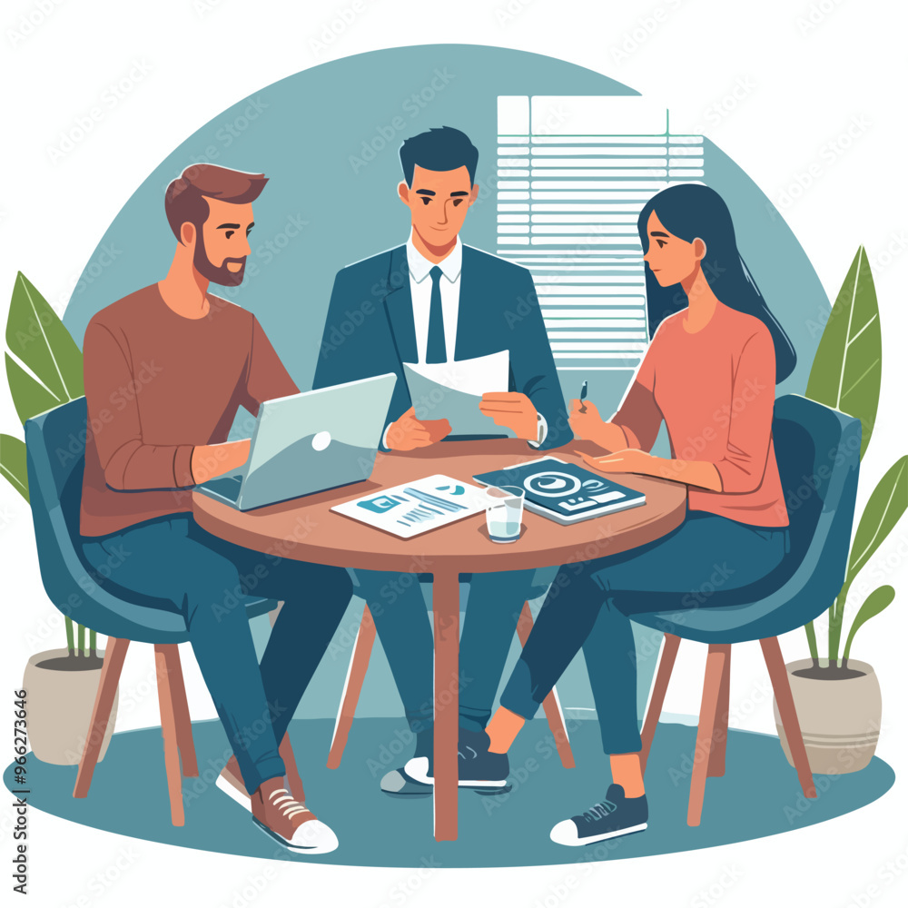 Partners meeting for business discussion with documents and laptop on desk. Couple at round table, speaking, discussing work, partnership. Flat vector illustration isolated on white background Partners meeting for business discussion with documents and laptop on desk. Couple at round table, speaking, discussing work, partnership. Flat vector illustration isolated on white background