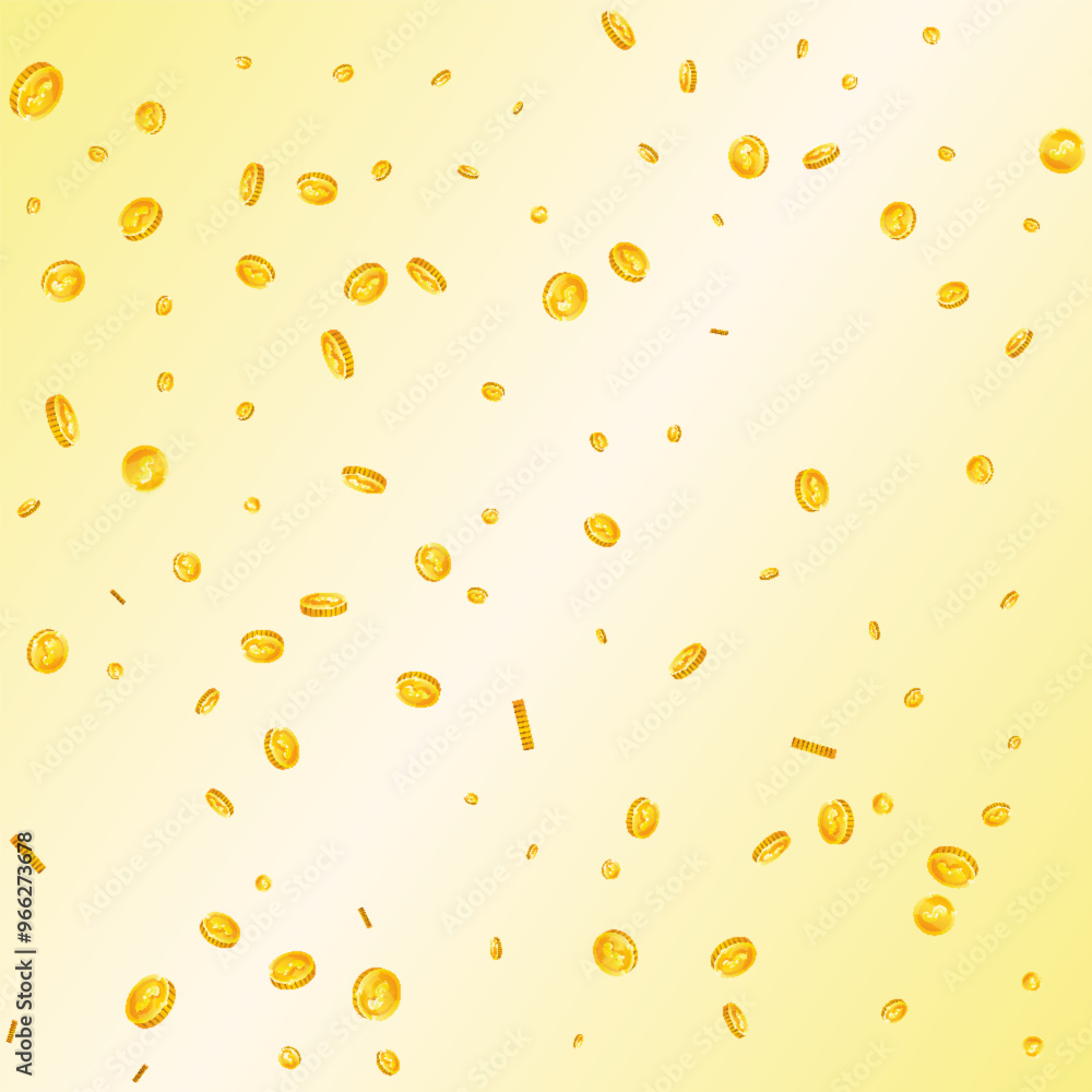American dollar coins falling. Scattered gold USD American dollar coins falling. Scattered gold USD
