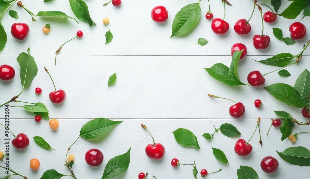 Fresh cherries surrounded by green leaves on a wooden surface in a bright setting Fresh cherries surrounded by green leaves on a wooden surface in a bright setting