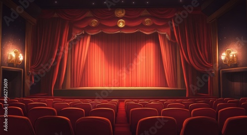 Cozy vintage movie theater with red velvet seats and dim lights, perfect for an evening film photo