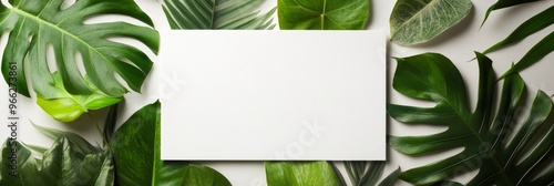 A minimalist flat lay design featuring a white card surrounded by vibrant green tropical leaves. This image evokes a sense of nature, tranquility, and growth