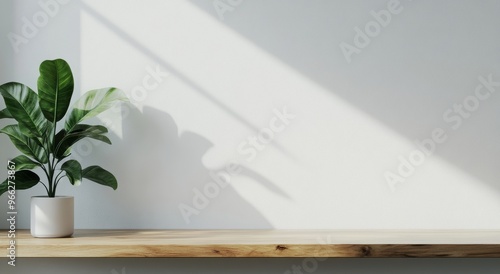 A minimalist corner featuring a potted plant on a wooden shelf against a ligh...
