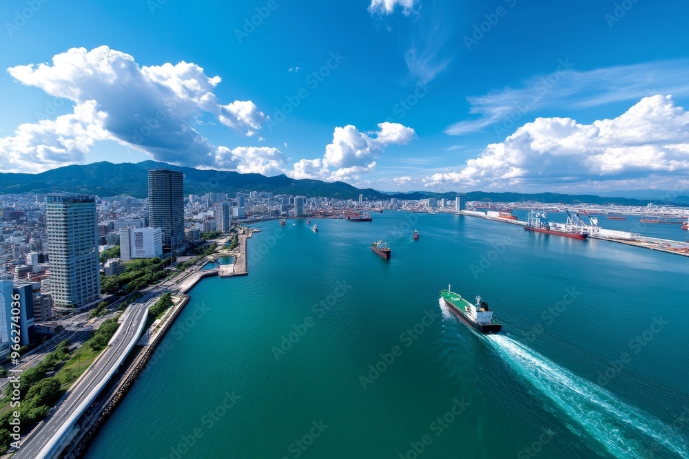 Fototapeta premium Aerial view of Osaka Bay, where the industrial side of the city meets the vastness of the sea, with ships coming in and out of port