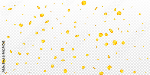 Indian rupee coins falling. Scattered gold INR