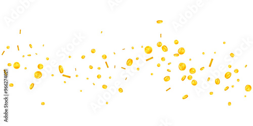 Indian rupee coins falling. Scattered gold INR