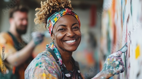 A smiling female artist with vibrant curls and paint-splattered clothes happily engages in painting on a canvas with her equally cheerful colleagues in an art studio. photo