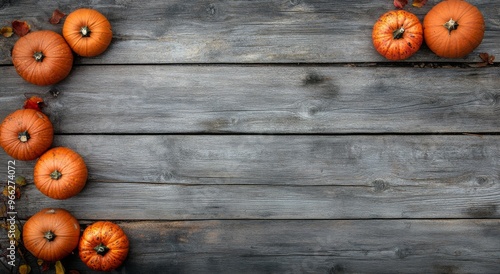 Decorative autumn arrangement with pumpkins and leaves on a rustic wooden bac...