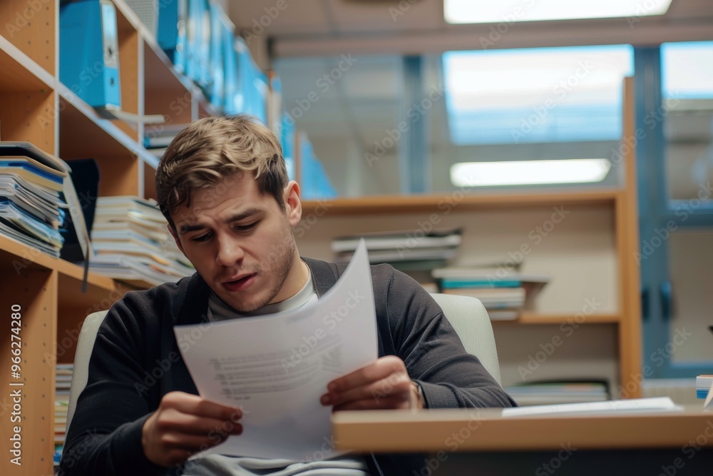 Grading Student Papers A teacher marking student's work in an office in a school that he works at in Gateshead, North East England. He is concentrating and reading the work while sitting in an office Grading Student Papers A teacher marking student's work in an office in a school that he works at in Gateshead, North East England. He is concentrating and reading the work while sitting in an office