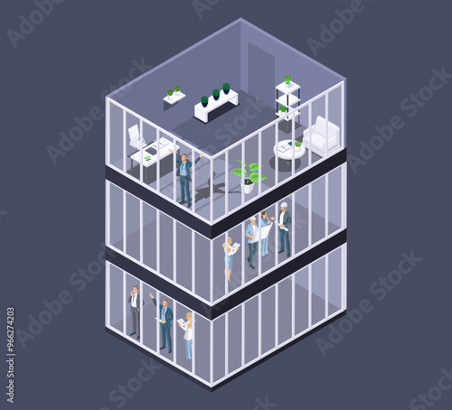 Office multi-storey building. Three levels of floors with office space. Specialists of medium and small businesses look at the premises