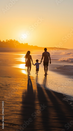 A family of three walks hand-in-hand along the beach at sunset, casting long shadows on the sand as the waves gently roll in.