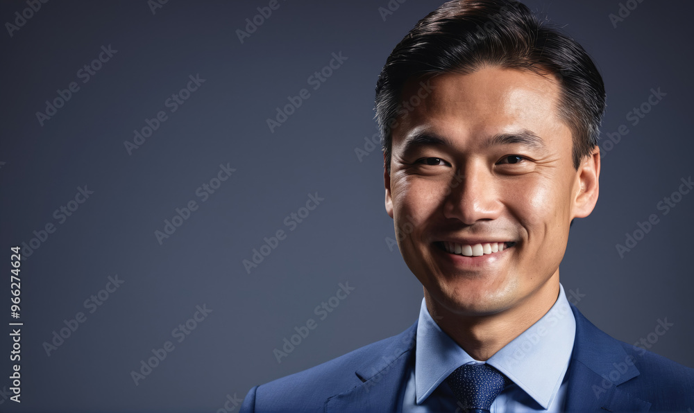 A man in a blue suit smiles against a blue background A man in a blue suit smiles against a blue background