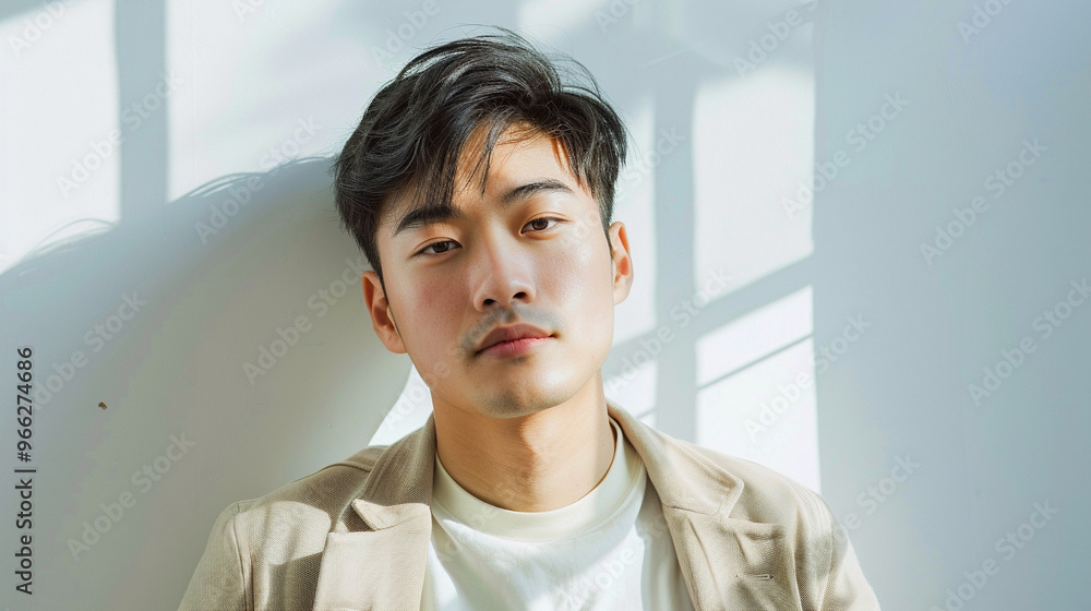 Asian man in minimalist fashion, posing against a bright, clean background, emphasizing simplicity and style. Asian man in minimalist fashion, posing against a bright, clean background, emphasizing simplicity and style.