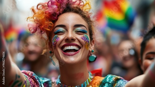 A vibrantly dressed woman with sparkling makeup and colorful hair smiles joyfully during a lively parade, capturing the essence of celebration and expressive individuality.