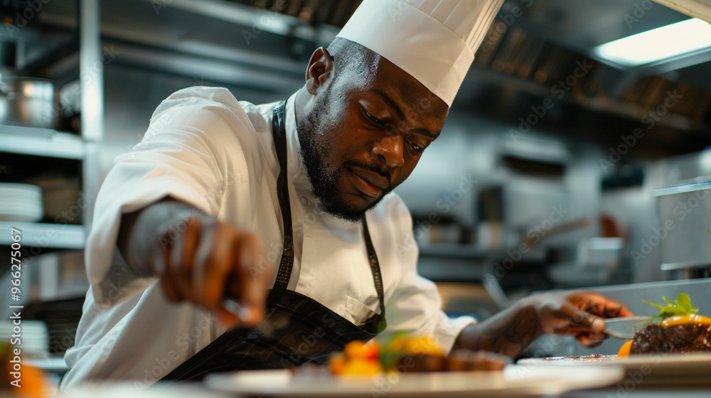 Black chef in a gourmet kitchen, plating a beautifully prepared dish in an upscale restaurant. Black chef in a gourmet kitchen, plating a beautifully prepared dish in an upscale restaurant.