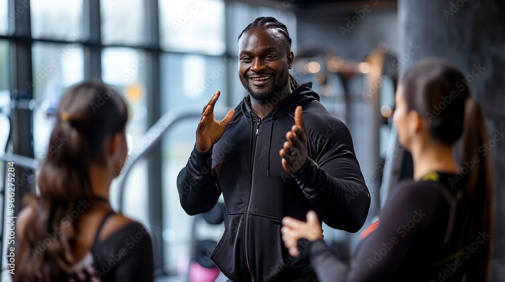 Black fitness coach guiding a workout class, encouraging clients in a sleek gym environment. Black fitness coach guiding a workout class, encouraging clients in a sleek gym environment.