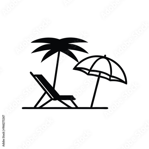 A Dock chair with a umbrella on the sea beach silhouette vector illustration, isolated white background.  