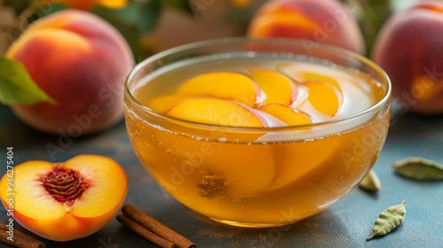 Refreshing peach slices in syrup with cinnamon on a rustic wooden surface in ...