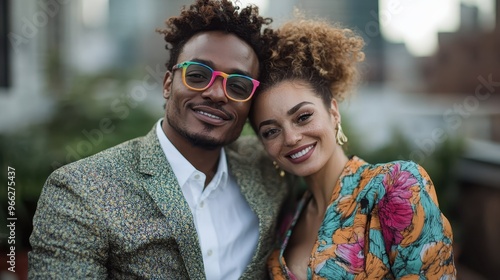 A stylish couple, noticeably happy, sits closely together outdoors. Both are wearing bright, colorful outfits that exude modern fashion and a free-spirited nature. photo