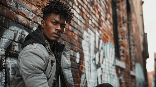 Black man in high-fashion streetwear, posing in an urban alley with a cool, confident gaze.