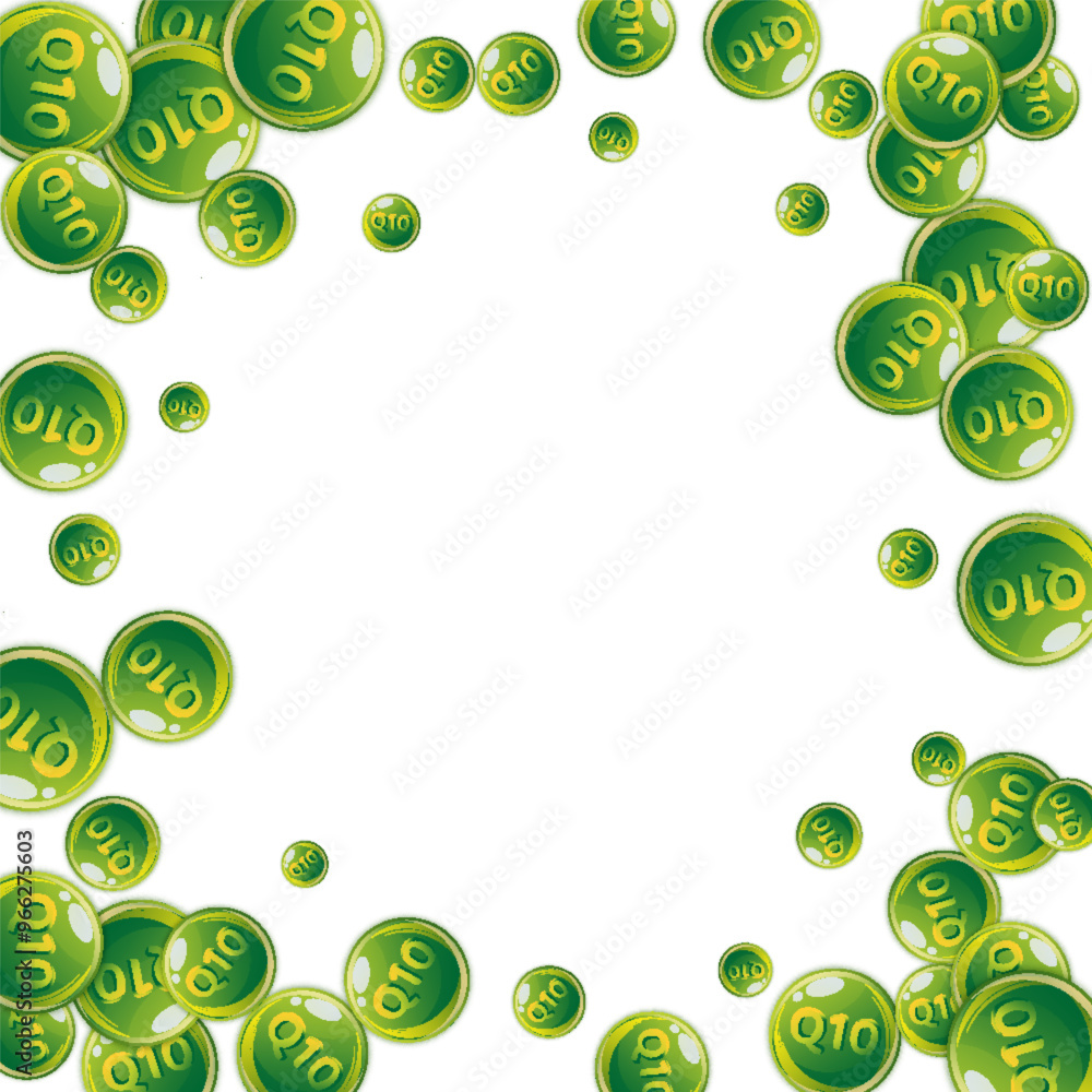 Vitamin Q10 round capsules scattered randomly.