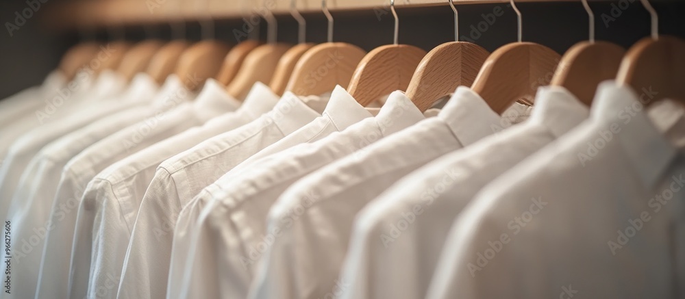 Fototapeta premium Neatly Hung White Shirts on Wooden Hangers