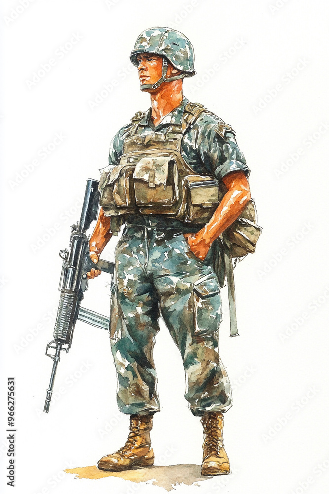 Watercolor of American soldier in Vietnam wearing camouflage uniform Watercolor of American soldier in Vietnam wearing camouflage uniform