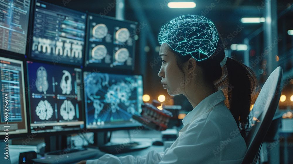 Brain-computer interface technology in use, with a person controlling digital devices through neural commands. Brain-computer interface technology in use, with a person controlling digital devices through neural commands.