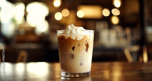 Delicious iced coffee topped with whipped cream and chocolate shavings in a c...