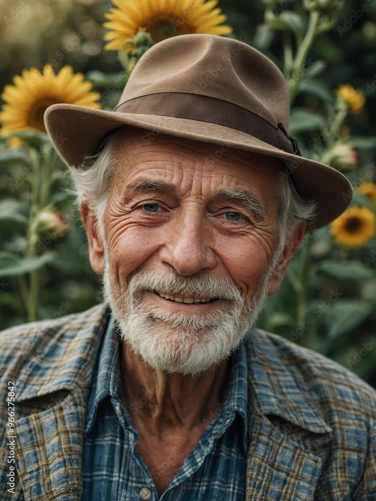 Elderly Caucasian man with long gray beard, wearing brown hat and plaid shirt, standing in front of sunflowers Elderly Caucasian man with long gray beard, wearing brown hat and plaid shirt, standing in front of sunflowers