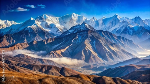 Snow-capped peaks of the majestic Hindu Kush mountain range stretch across the horizon, rugged terrain cloaked in mist, photo