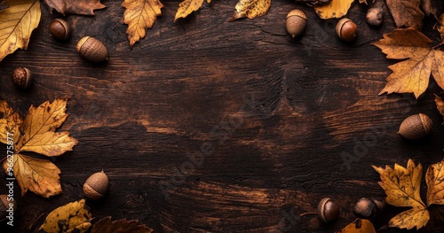 Autumn leaves and acorns arranged on a rustic wooden table creating a seasona...