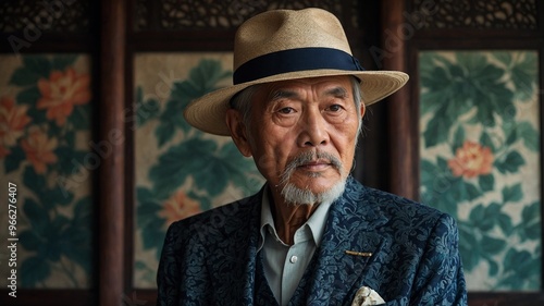 Elderly asian man with gray hair and beard, wearing tan hat and blue jacket, sitting in front of painting