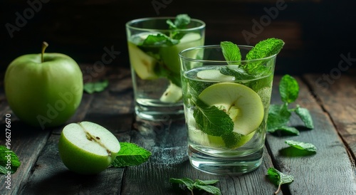 Refreshing green apple mint drink on wooden table with fresh apples and mint ...