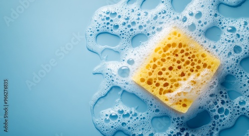 Cleaning sponge surrounded by bubbles on a blue surface during daylight hours
