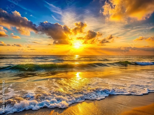 Soft golden light illuminates the gentle waves and rolling surf as a serene sunrise breaks over the vast photo