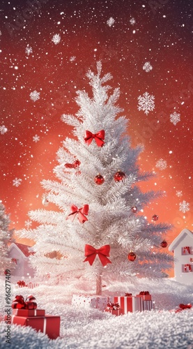 Snowy Christmas tree with red bows and gifts in a winter wonderland