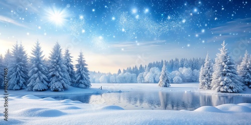 Softly falling snowflakes gently blanket a serene winter landscape, casting a serene ambiance against a pristine white